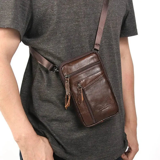 Bolsa em couro genuíno masculina, de ombro crossbody para celular, documentos e cartões