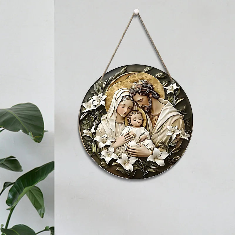 Decoração Sagrada de presépio redondo 20 cm em madeira com efeito de relevo, plano