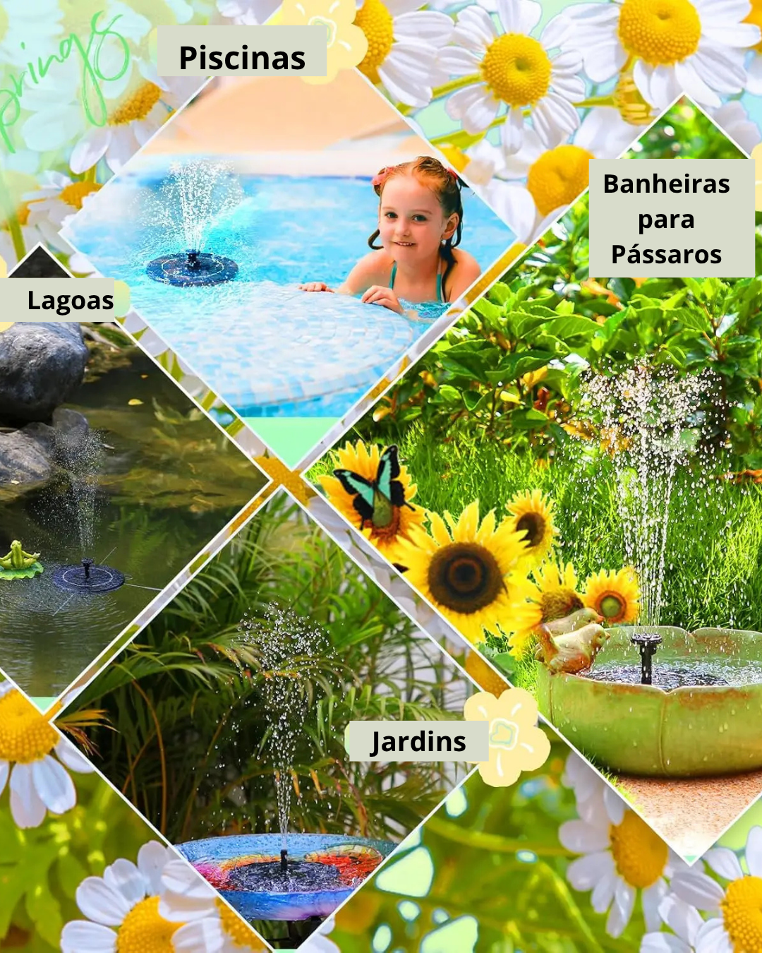 Mini Fonte e bomba dágua Solar com 6 Bicos – Ideal para  Jardins, Piscinas, Lagos e Elementos Aquáticos