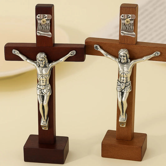 Crucifixo católico de jesus, de madeira e metal vintage com suporte para decoração de casa cristã