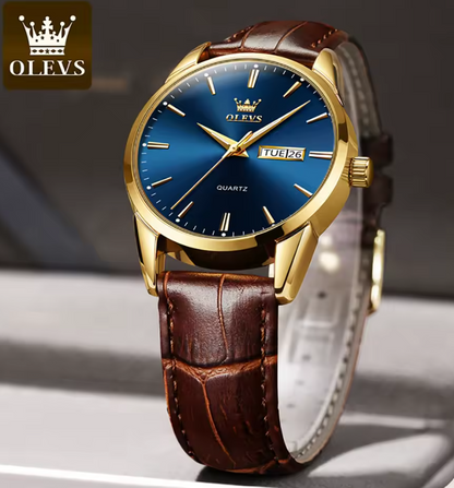 Relógio Feminino e Masculino Elegante e Estilosa, Marca OLEVS de pulso de quartzo, à prova d'água, com pulseira de couro