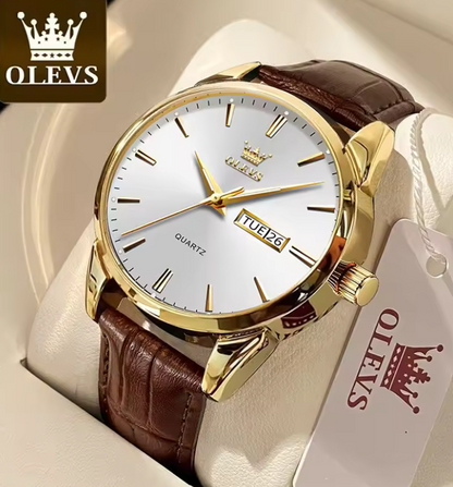 Relógio Feminino e Masculino Elegante e Estilosa, Marca OLEVS de pulso de quartzo, à prova d'água, com pulseira de couro