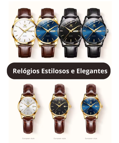 Relógio Feminino e Masculino Elegante e Estilosa, Marca OLEVS de pulso de quartzo, à prova d'água, com pulseira de couro