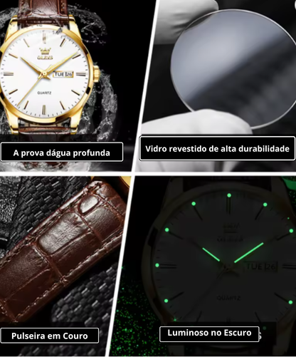 Relógio Feminino e Masculino Elegante e Estilosa, Marca OLEVS de pulso de quartzo, à prova d'água, com pulseira de couro