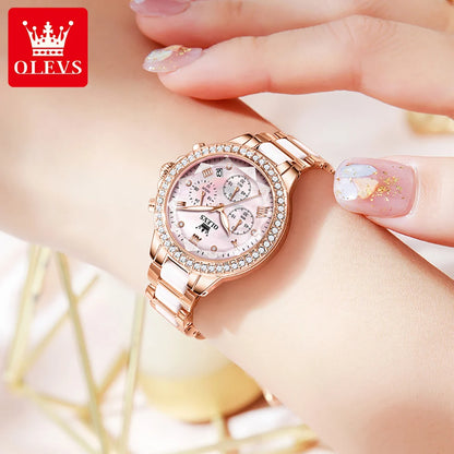 Relógio Feminino quartzo com diamante OLEVS, luxuoso, elegante, com pulseira de aço/cerâmica à prova d'água