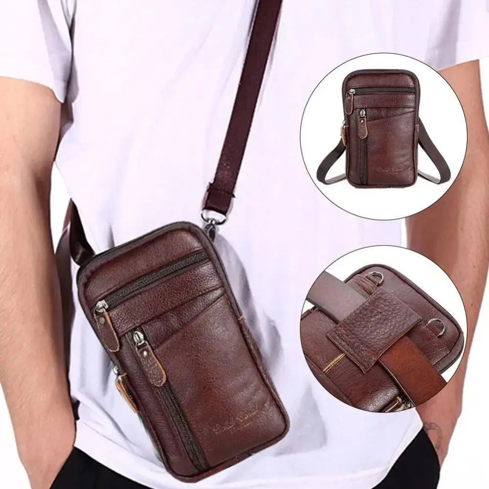 Bolsa em couro genuíno masculina,  de ombro crossbody para celular, documentos e cartões