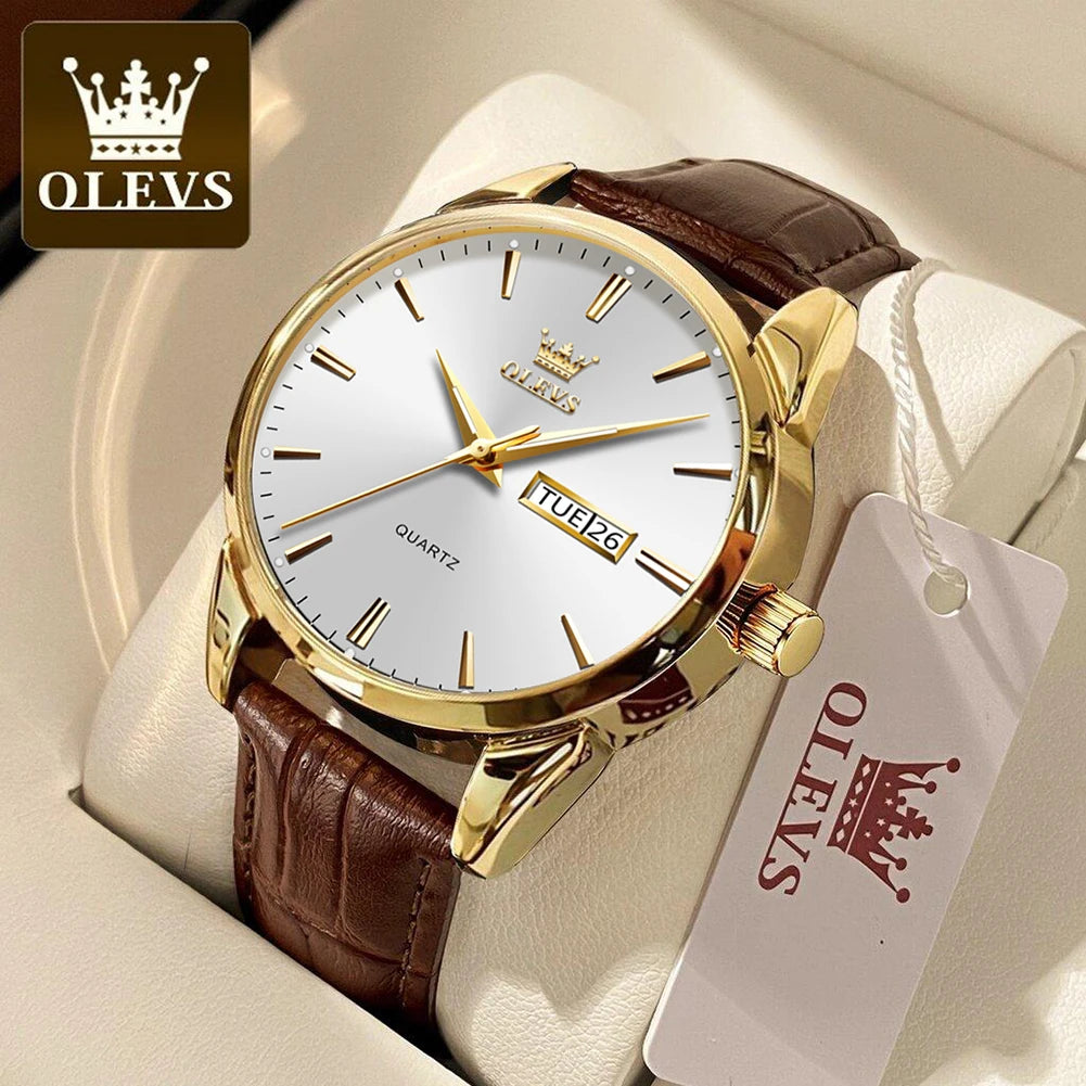 Relógio Feminino e Masculino Elegante e Estilosa, Marca OLEVS de pulso de quartzo, à prova d'água, com pulseira de couro