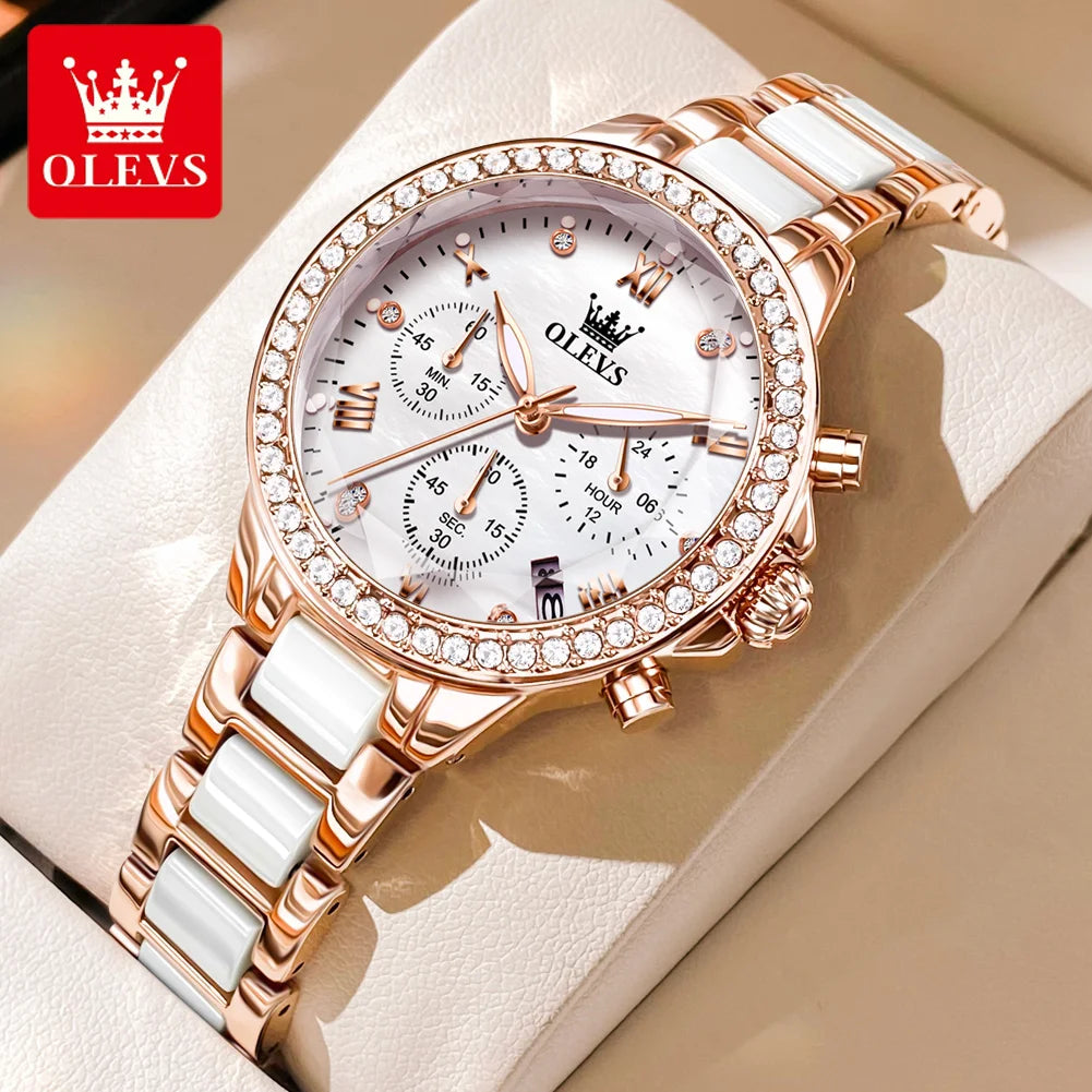Relógio Feminino quartzo com diamante OLEVS, luxuoso, elegante, com pulseira de aço/cerâmica à prova d'água