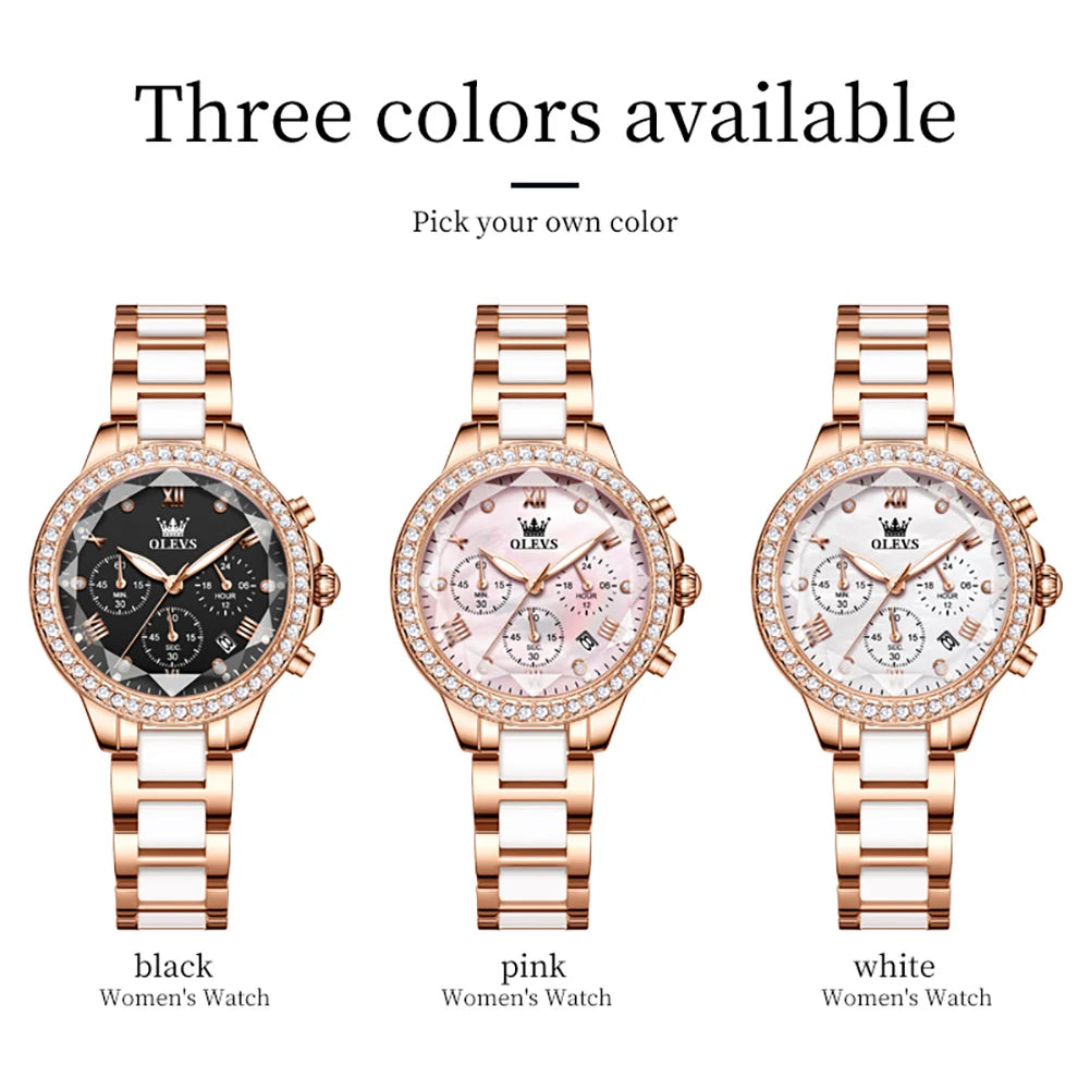 Relógio Feminino quartzo com diamante OLEVS, luxuoso, elegante, com pulseira de aço/cerâmica à prova d'água