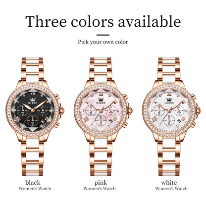 Relógio Feminino quartzo com diamante OLEVS, luxuoso, elegante, com pulseira de aço/cerâmica à prova d'água