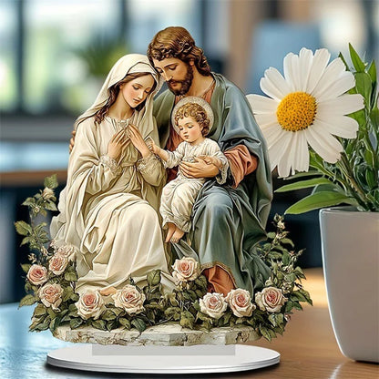 Decoração de mesa  da Sagrada Família menino Jesus com base para decoração de bancada de casa