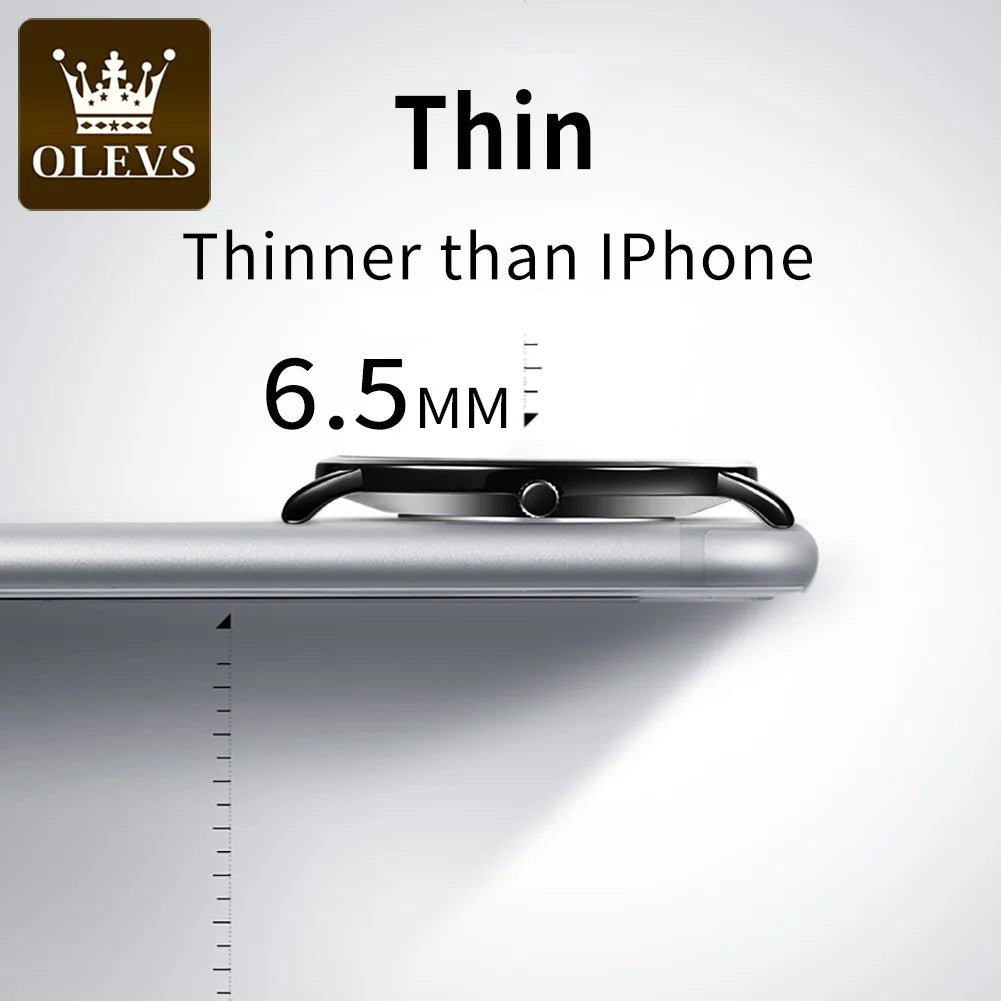 Relógio Masculino de quartzo Olevs, pulseira de couro à prova d'água, clássico, ultrafino, 6.5mm, data, marca de luxo