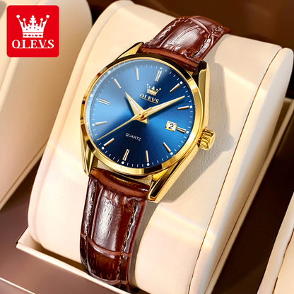 Relógio Feminino e Masculino Elegante e Estilosa, Marca OLEVS de pulso de quartzo, à prova d'água, com pulseira de couro