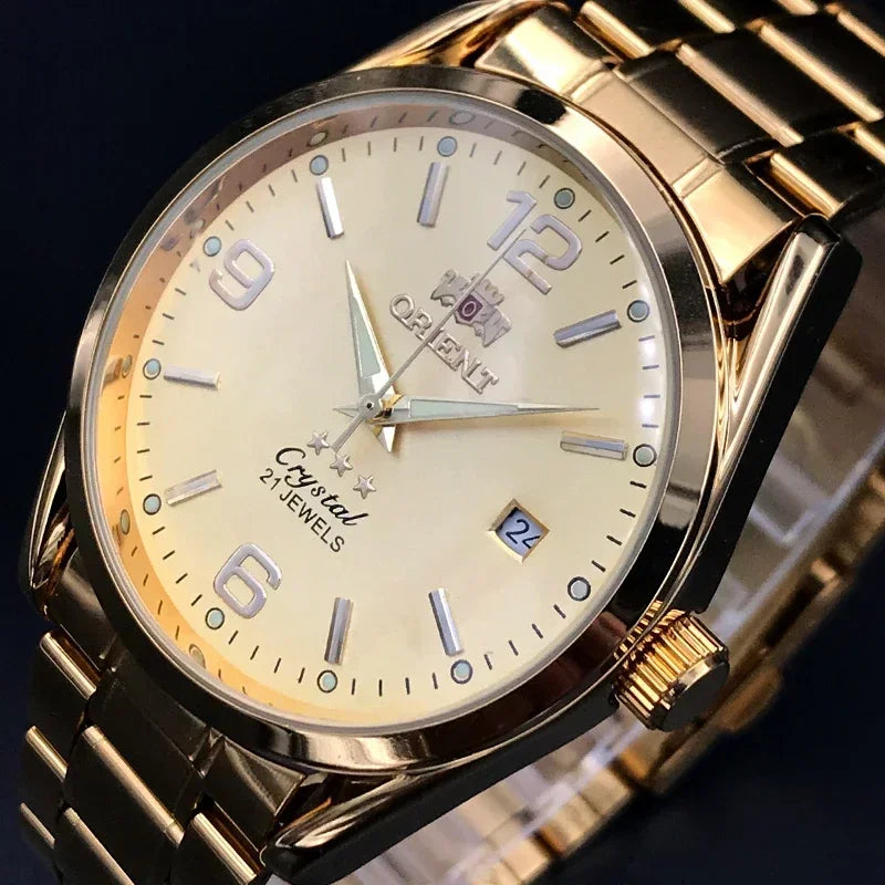 Relógio de pulso masculino Marca Oriente de luxo todo em aço automático mecânico tourbillon