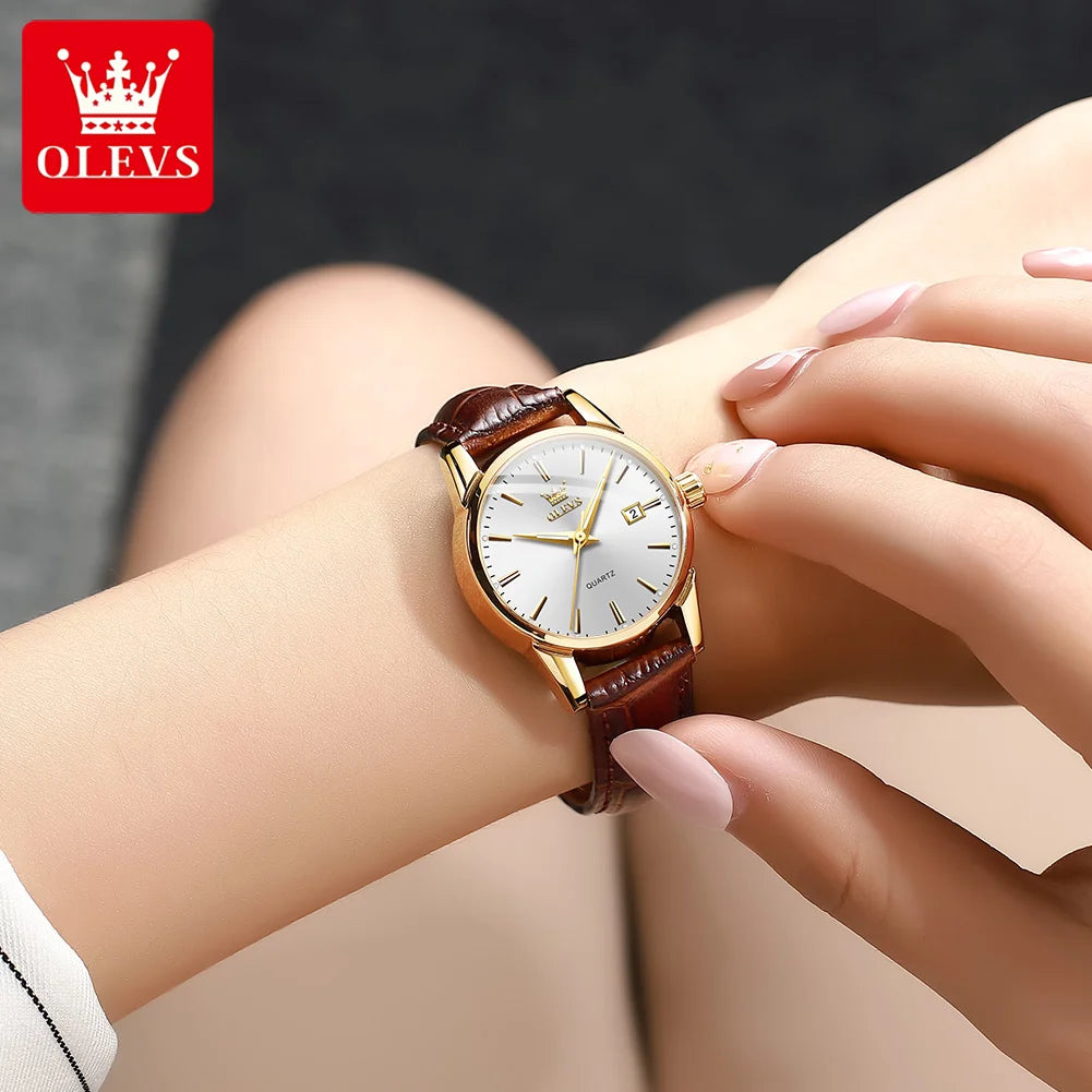 Relógio Feminino e Masculino Elegante e Estilosa, Marca OLEVS de pulso de quartzo, à prova d'água, com pulseira de couro