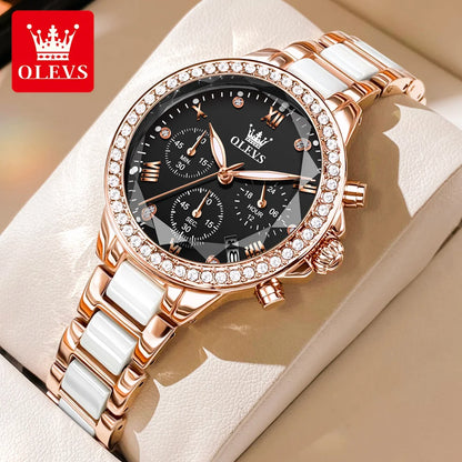 Relógio Feminino quartzo com diamante OLEVS, luxuoso, elegante, com pulseira de aço/cerâmica à prova d'água