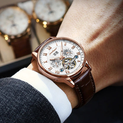 Relógio Masculino Mecânico Automático POEDAGAR   Casual á Prova D'água Couro