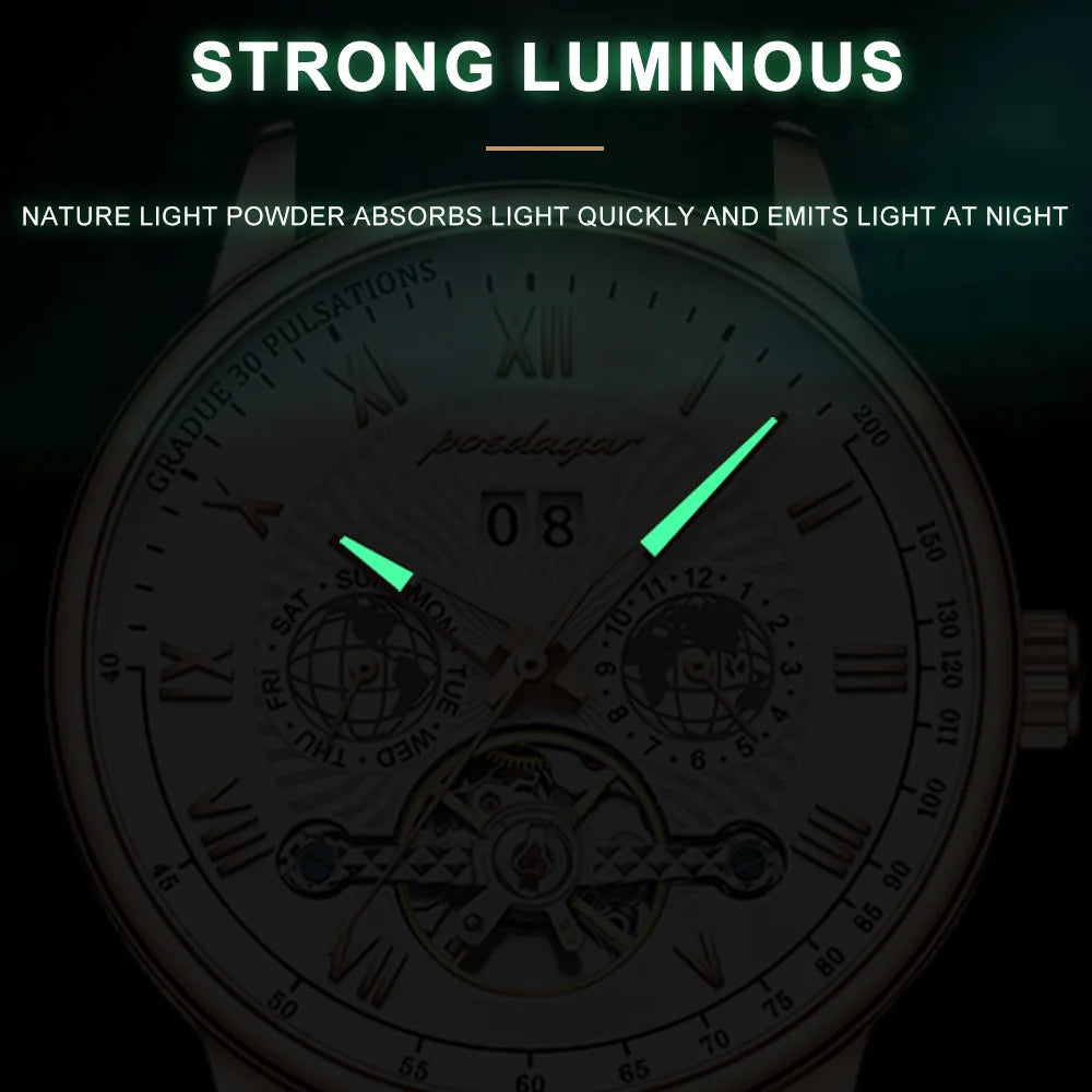 Relógio Masculino Mecânico Automático POEDAGAR   Casual á Prova D'água Couro