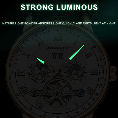 Relógio Masculino Mecânico Automático POEDAGAR   Casual á Prova D'água Couro