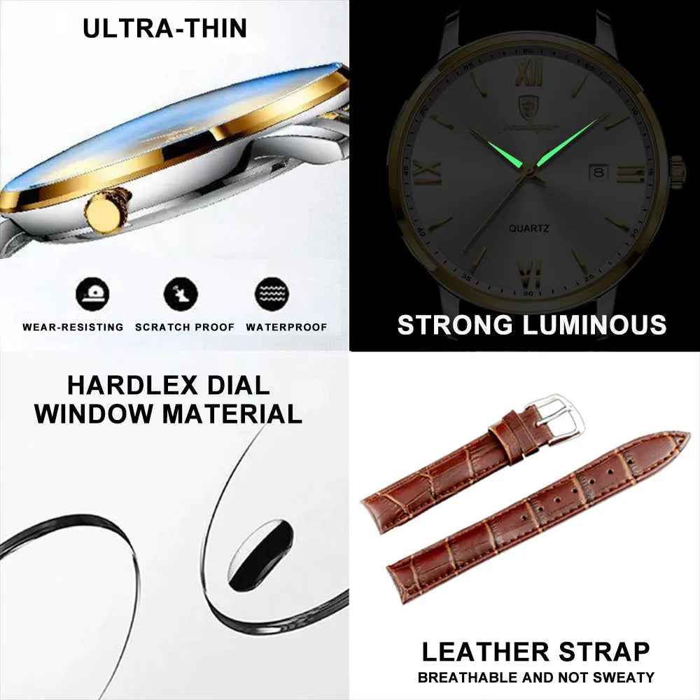 Relógio Masculino POEDAGAR de luxo, pulseira em couro, luminoso, à prova d'água, com data, quartzo, vidro em cristal