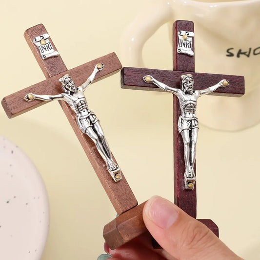 Crucifixo católico de jesus, de madeira e metal vintage com suporte para decoração de casa cristã