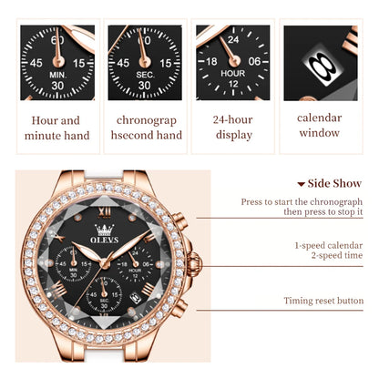 Relógio Feminino quartzo com diamante OLEVS, luxuoso, elegante, com pulseira de aço/cerâmica à prova d'água